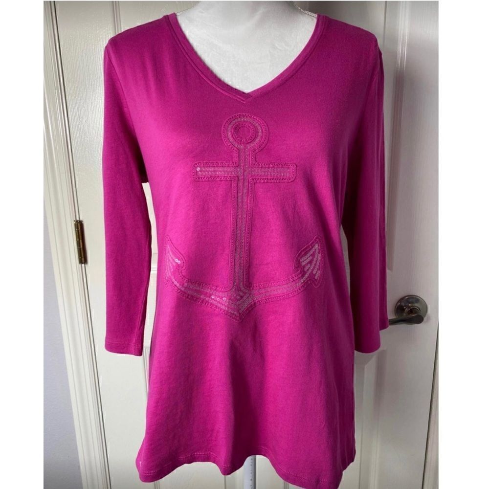 SUN BAY V-neck Small Women’s Top with 3/4 Sleeve and embellished Anchor in front